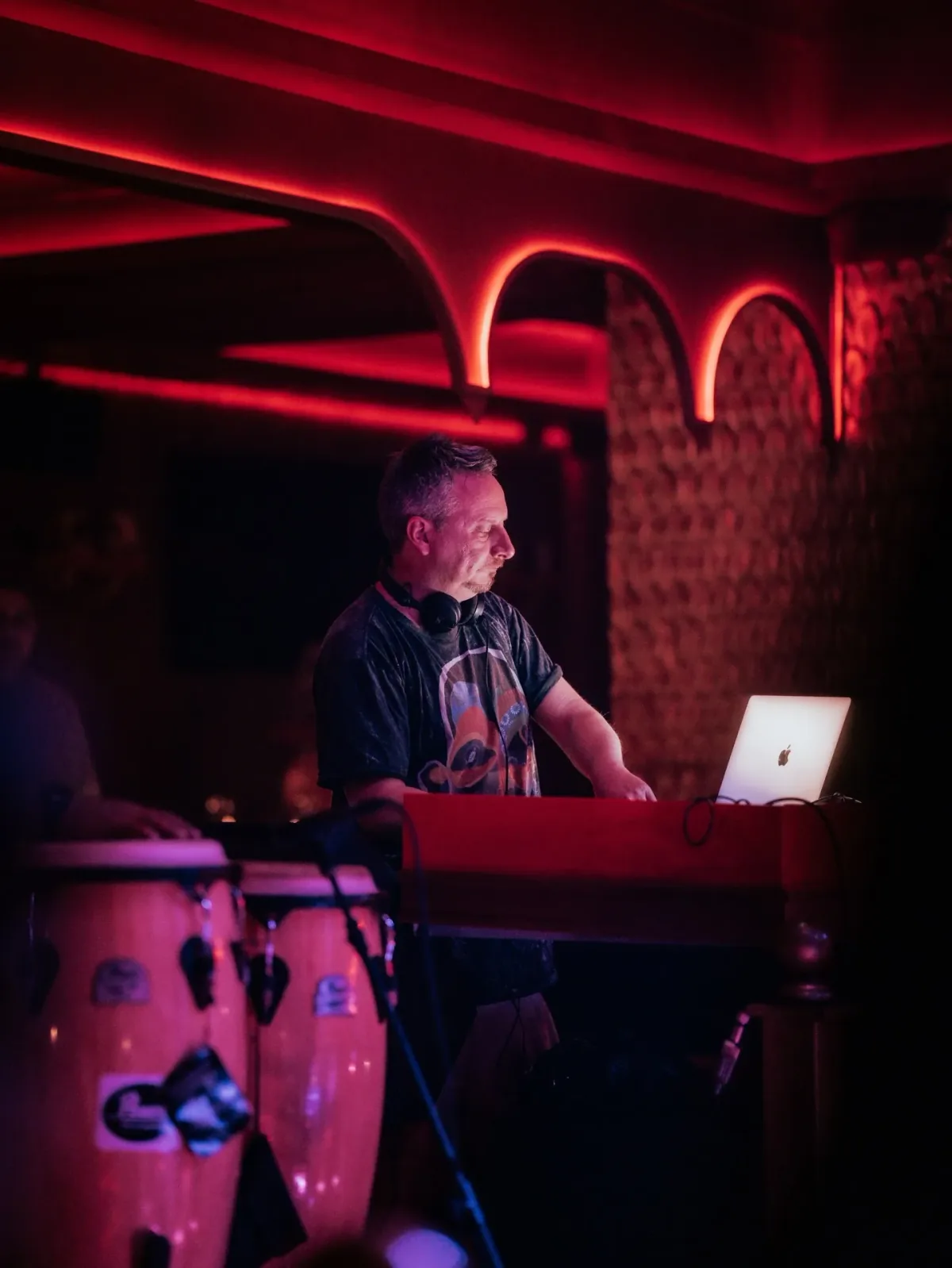 Live percussion alongside the DJ booth at The Club Agadir